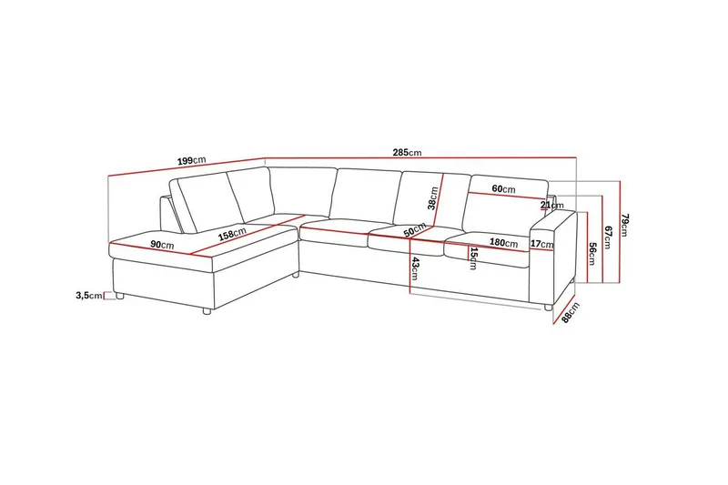Crazy 4-sits Vänstervänd L-formad Schäslongsoffa i Tyg - Antracit - Möbler - Soffa - Divansoffor & schäslongsoffa - 3 sits soffa med divan