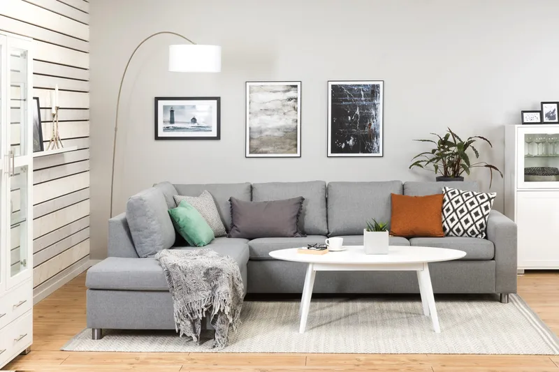 Crazy 4-sits Vänstervänd L-formad Schäslongsoffa i Tyg - Grå - Möbler - Soffa - Divansoffor & schäslongsoffa - 3 sits soffa med divan