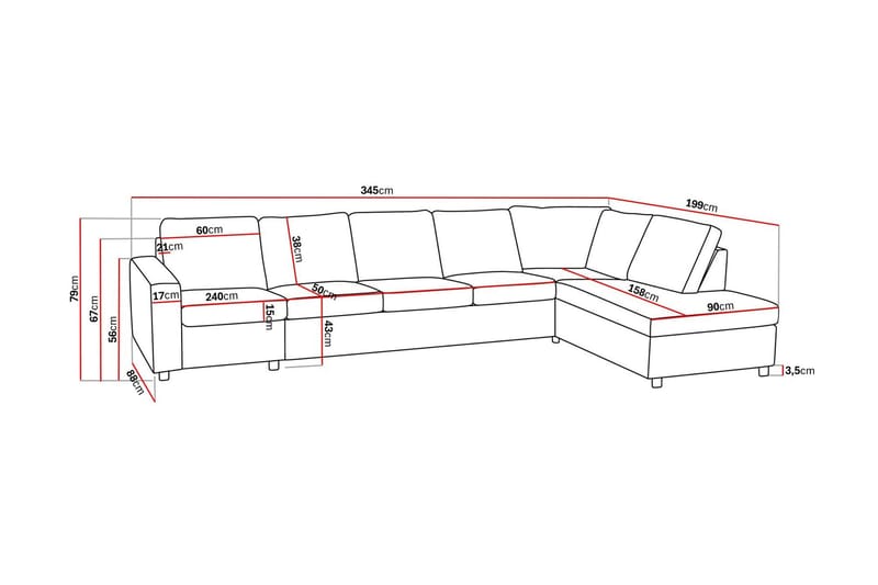 Crazy 5-sits Högervänd L-formad Schäslongsoffa i Tyg - Antracit - Möbler - Soffa - Divansoffor & schäslongsoffa - 4 sits soffa med divan