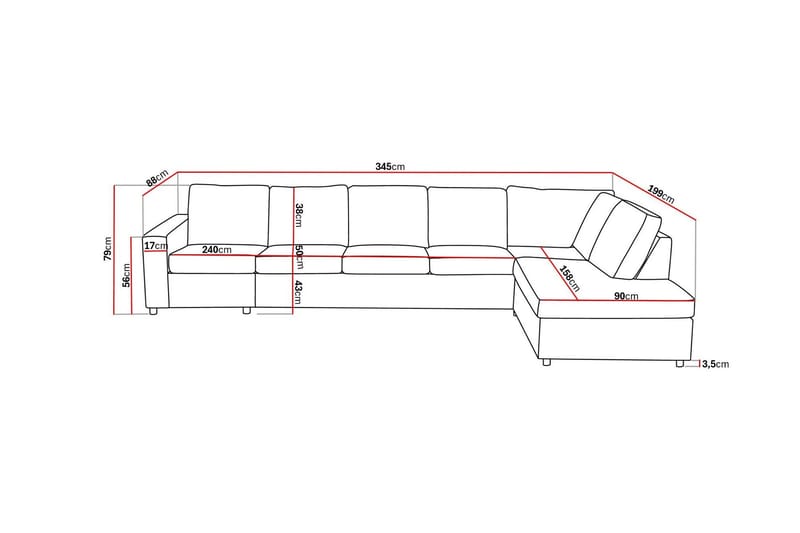 Crazy 5-sits Högervänd L-formad Schäslongsoffa i Tyg - Antracit - Möbler - Soffa - Divansoffor & schäslongsoffa - 4 sits soffa med divan