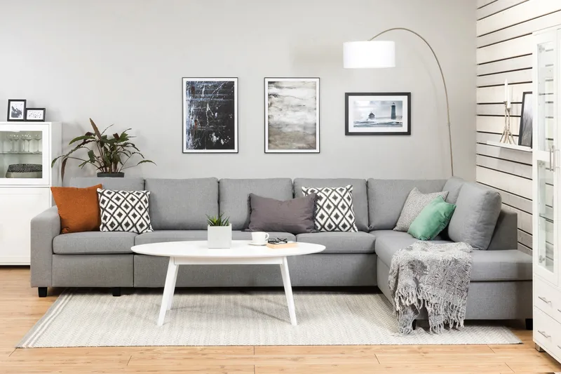 Crazy 5-sits Högervänd L-formad Schäslongsoffa i Tyg - Grå - Möbler - Soffa - Divansoffor & schäslongsoffa - 4 sits soffa med divan