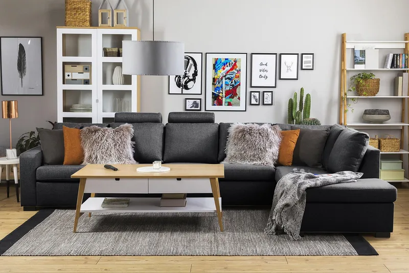 Crazy 5-sits Högervänd L-formad Schäslongsoffa i Tyg - Mörkgrå - Möbler - Soffa - Divansoffor & schäslongsoffa - 4 sits soffa med divan