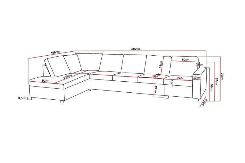 Crazy 5-sits Vänstervänd L-formad Schäslongsoffa i Tyg - Antracit - Möbler - Soffa - Divansoffor & schäslongsoffa - 4 sits soffa med divan