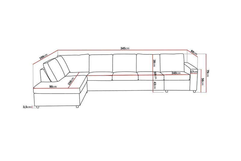 Crazy 5-sits Vänstervänd L-formad Schäslongsoffa i Tyg - Antracit - Möbler - Soffa - Divansoffor & schäslongsoffa - 4 sits soffa med divan