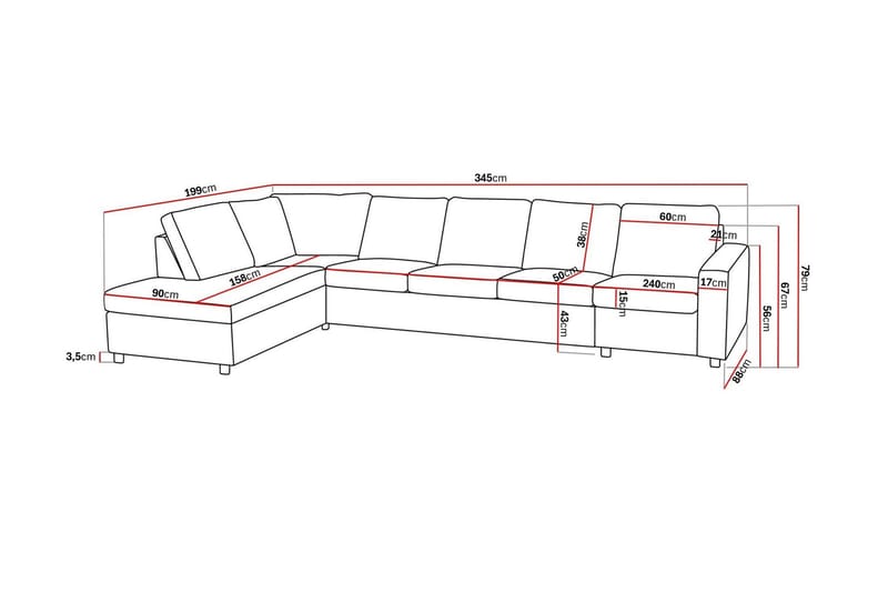 Crazy 5-sits Vänstervänd L-formad Schäslongsoffa i Tyg - Antracit - Möbler - Soffa - Divansoffor & schäslongsoffa - 4 sits soffa med divan