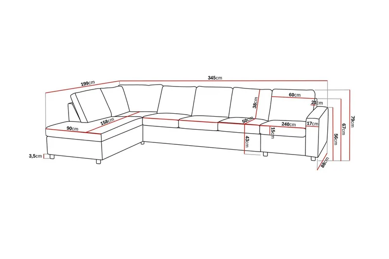 Crazy 5-sits Vänstervänd L-formad Schäslongsoffa i Tyg - Antracit - Möbler - Soffa - Divansoffor & schäslongsoffa - 4 sits soffa med divan
