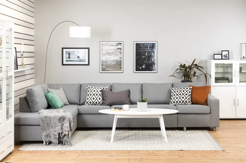 Crazy 5-sits Vänstervänd L-formad Schäslongsoffa i Tyg - Grå - Möbler - Soffa - Divansoffor & schäslongsoffa - 4 sits soffa med divan