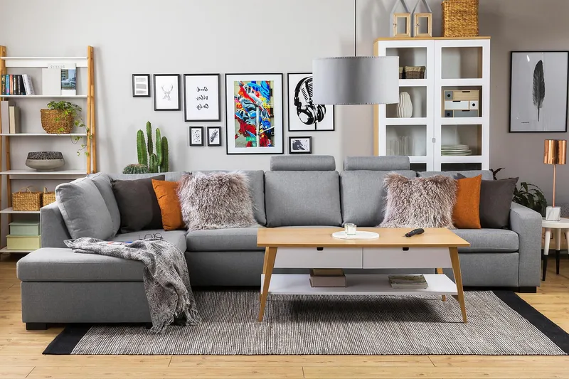 Crazy 5-sits Vänstervänd L-formad Schäslongsoffa i Tyg - Grå - Möbler - Soffa - Divansoffor & schäslongsoffa - 4 sits soffa med divan