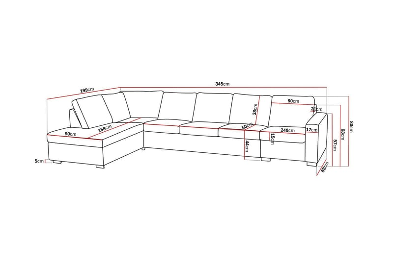 Crazy 5-sits Vänstervänd L-formad Schäslongsoffa i Tyg - Grå - Möbler - Soffa - Divansoffor & schäslongsoffa - 4 sits soffa med divan
