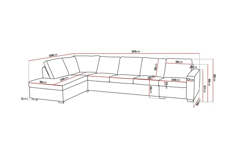 Crazy 5-sits Vänstervänd L-formad Schäslongsoffa i Tyg - Grå - Möbler - Soffa - Divansoffor & schäslongsoffa - 4 sits soffa med divan