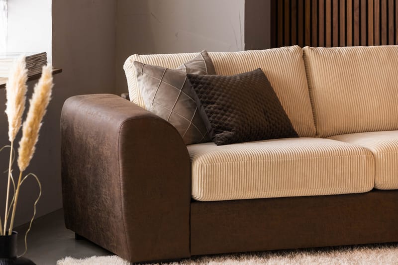 Cuba 4-sits Högervänd L-formad Schäslongsoffa i Manchester/Konstläder - Brun / Beige - Möbler - Soffa - Divansoffor & schäslongsoffa