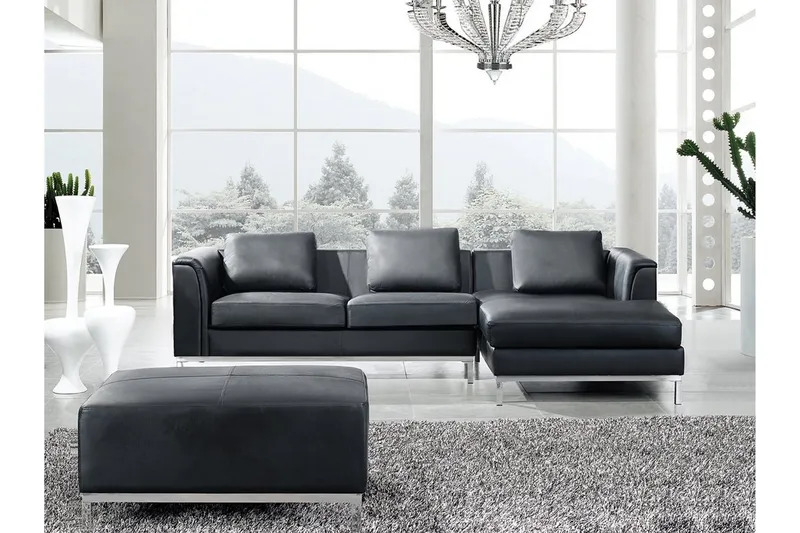 Dugard Hörnsoffa Vänster + Fotpall, Svart/Läder