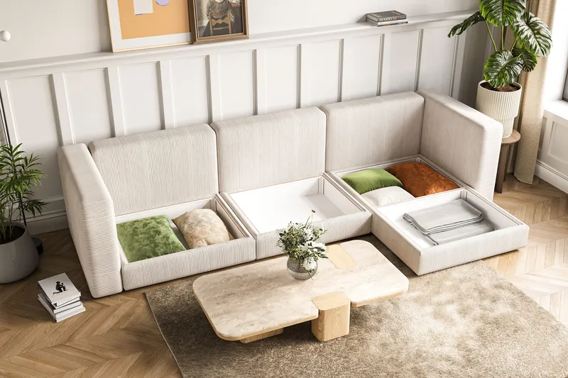 Hagblom 4-sits Vändbar Divansoffa 320 cm med Förvaring i Manchestertyg - Beige - Möbler - Soffa - Divansoffor & schäslongsoffa