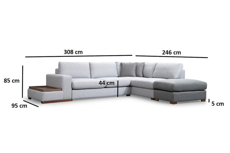 Huelva 5-sits Högervänd L-formad Divansoffa 308 cm med Schäslong i Tyg - Grå - Möbler - Soffa - Divansoffor & schäslongsoffa