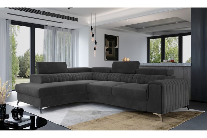 Laurece 3-sits Vänster L-formad Schäslongsoffa med Divan i Plysch, Grå
