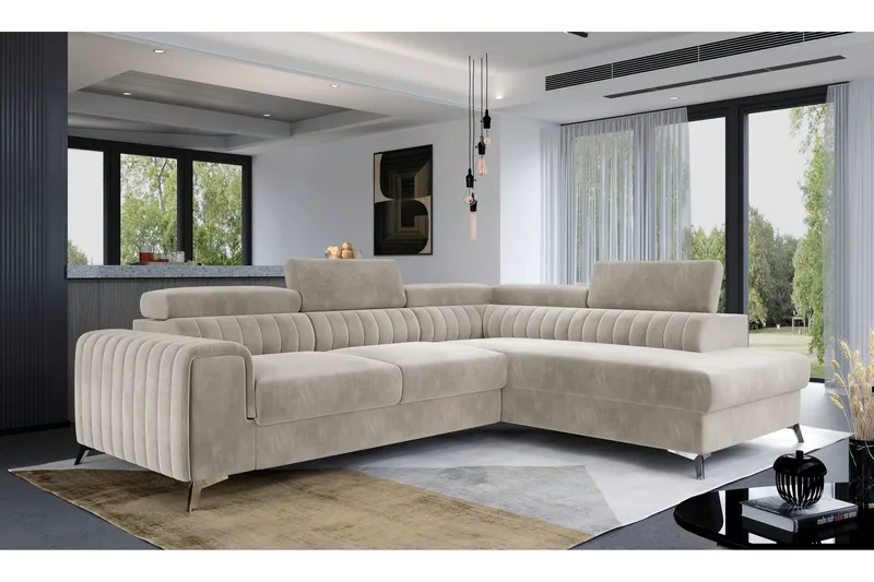 Laurece 4-sits Högervänd L-formad Bäddsoffa 125x210 cm i Sammet, Beige