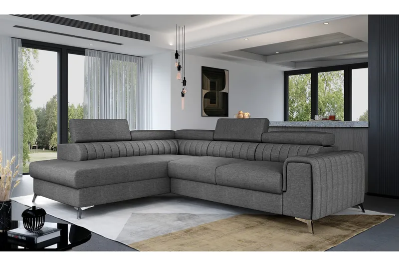 Laurece 4-sits Högervänd L-formad Bäddsoffa 125x210 cm i Plysch, Grå