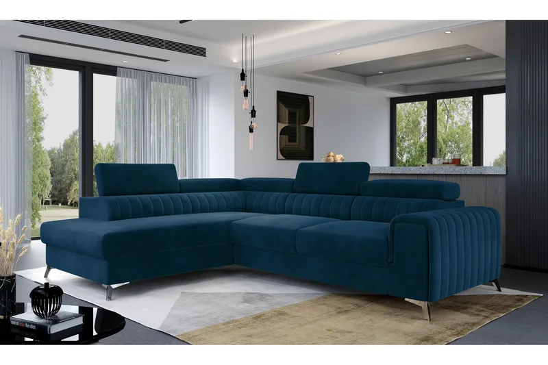 Laurece 4-sits Vänstervänd L-formad Bäddsoffa 125x210 cm i Plysch, Blå