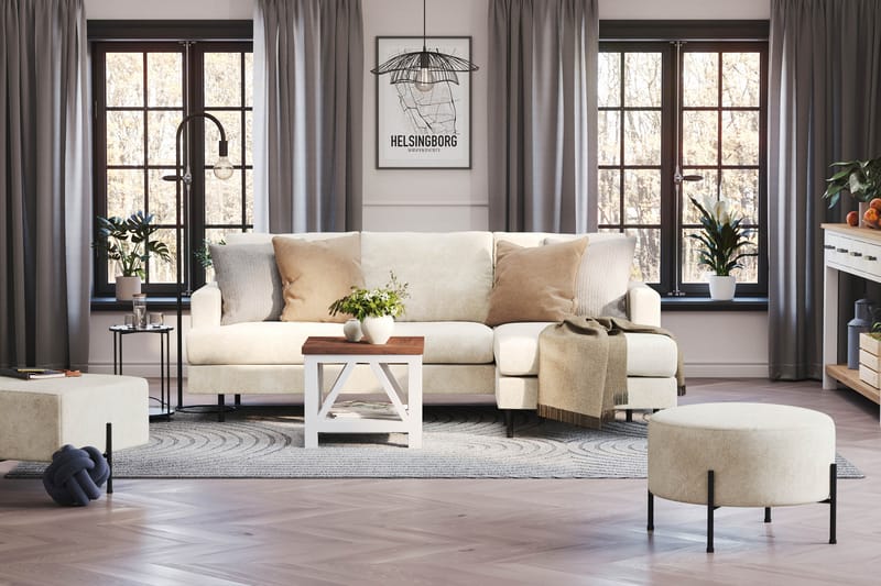 Menard Compact 3-sits Högervänd L-formad Divansoffa i Sammet - Krämvit - Möbler - Soffa - Divansoffor & schäslongsoffa