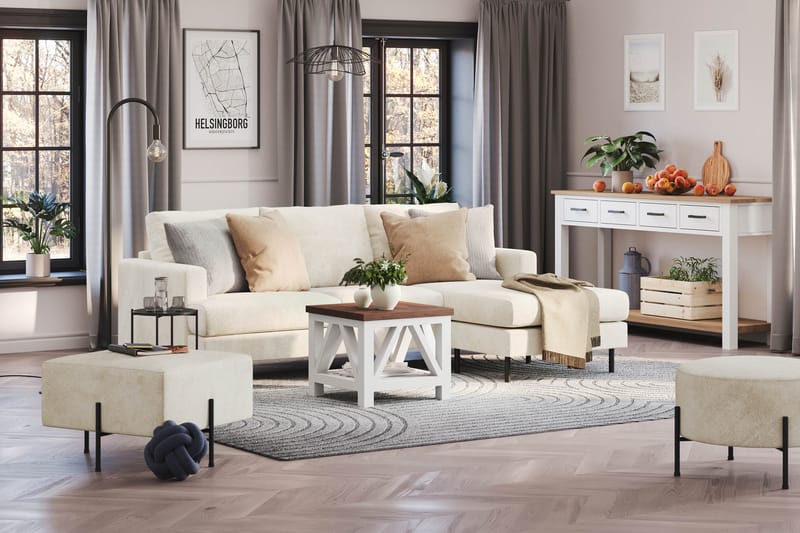 Menard Compact 3-sits Högervänd L-formad Divansoffa i Sammet - Krämvit - Möbler - Soffa - Divansoffor & schäslongsoffa