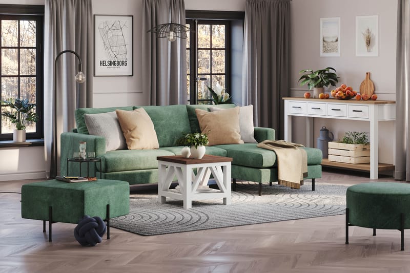 Menard Compact 3-sits Högervänd L-formad Divansoffa i Sammet - Mörkgrön - Möbler - Soffa - Divansoffor & schäslongsoffa