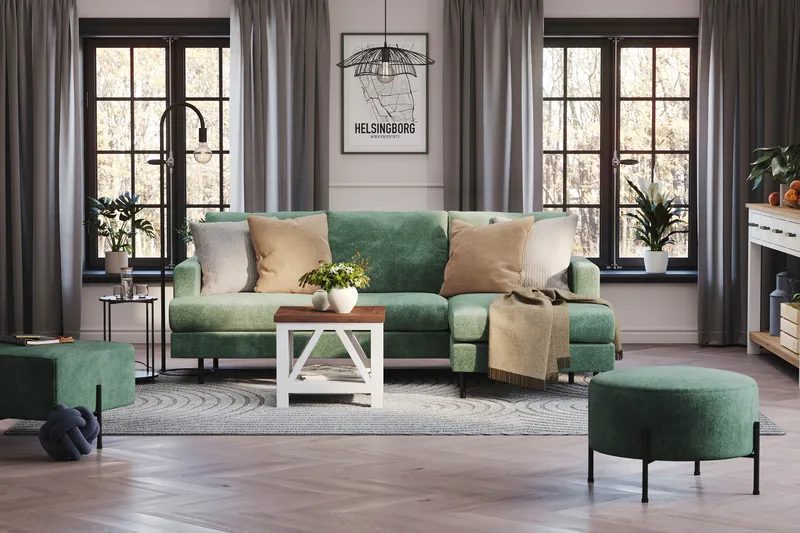 Menard Compact 3-sits Högervänd L-formad Divansoffa i Sammet - Mörkgrön - Möbler - Soffa - Divansoffor & schäslongsoffa