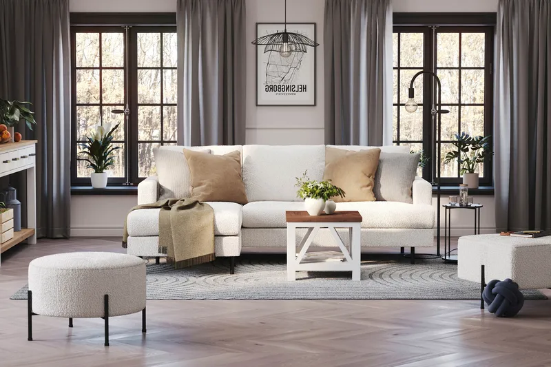 Menard Compact 3-sits Vänstervänd L-formad Divansoffa i Bouclé - Vit - Möbler - Soffa - Divansoffor & schäslongsoffa