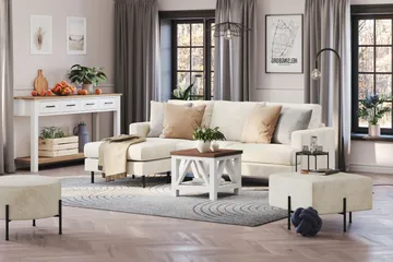 Menard Compact 3-sits Vänstervänd L-formad Divansoffa i Sammet - Krämvit - Möbler - Soffa - Divansoffor & schäslongsoffa