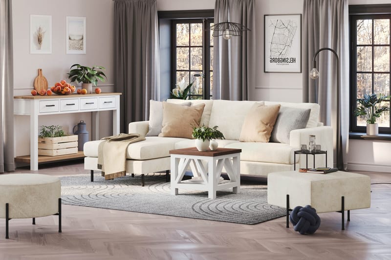 Menard Compact 3-sits Vänstervänd L-formad Divansoffa i Sammet - Krämvit - Möbler - Soffa - Divansoffor & schäslongsoffa