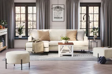 Menard Compact 3-sits Vänstervänd L-formad Divansoffa i Sammet - Krämvit - Möbler - Soffa - Divansoffor & schäslongsoffa