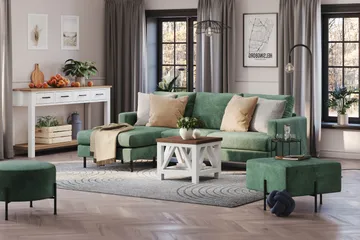 Menard Compact 3-sits Vänstervänd L-formad Divansoffa i Sammet - Mörkgrön - Möbler - Soffa - Divansoffor & schäslongsoffa