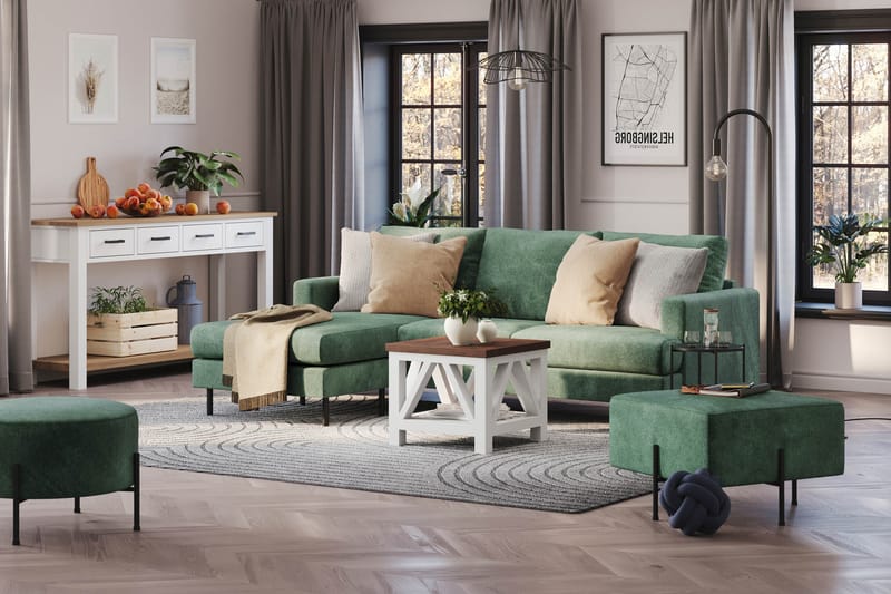 Menard Compact 3-sits Vänstervänd L-formad Divansoffa i Sammet - Mörkgrön - Möbler - Soffa - Divansoffor & schäslongsoffa