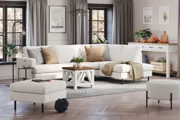 Menard Compact 4-sits Högervänd L-formad Schäslongsoffa i Bouclé - Vit - Möbler - Soffa - Divansoffor & schäslongsoffa