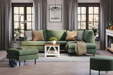 Menard Compact 4-sits Högervänd L-formad Schäslongsoffa i Manchester - Grön - Möbler - Soffa - Divansoffor & schäslongsoffa