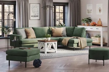 Menard Compact 4-sits Högervänd L-formad Schäslongsoffa i Manchester - Grön - Möbler - Soffa - Divansoffor & schäslongsoffa