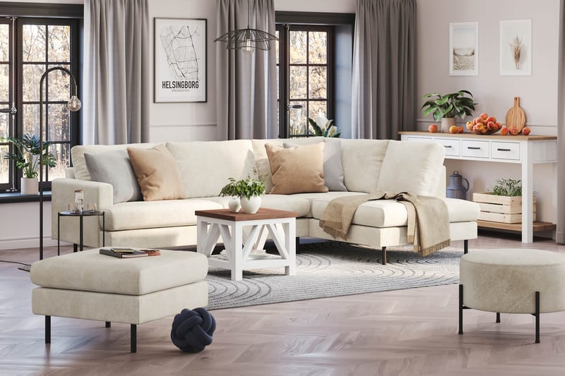 Menard Compact 4-sits Högervänd L-formad Schäslongsoffa i Sammet - Krämvit - Möbler - Soffa - Divansoffor & schäslongsoffa