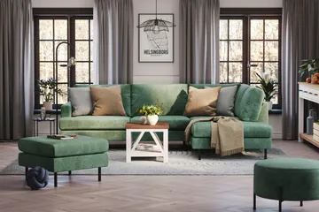 Menard Compact 4-sits Högervänd L-formad Schäslongsoffa i Sammet - Mörkgrön - Möbler - Soffa - Divansoffor & schäslongsoffa