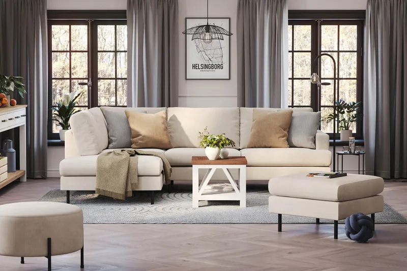 Menard Compact 4-sits Vänstervänd L-formad Schäslongsoffa i Manchester - Beige - Möbler - Soffa - Divansoffor & schäslongsoffa