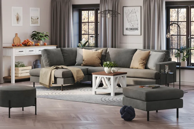Menard Compact 4-sits Vänstervänd L-formad Schäslongsoffa i Manchester - Grå - Möbler - Soffa - Divansoffor & schäslongsoffa