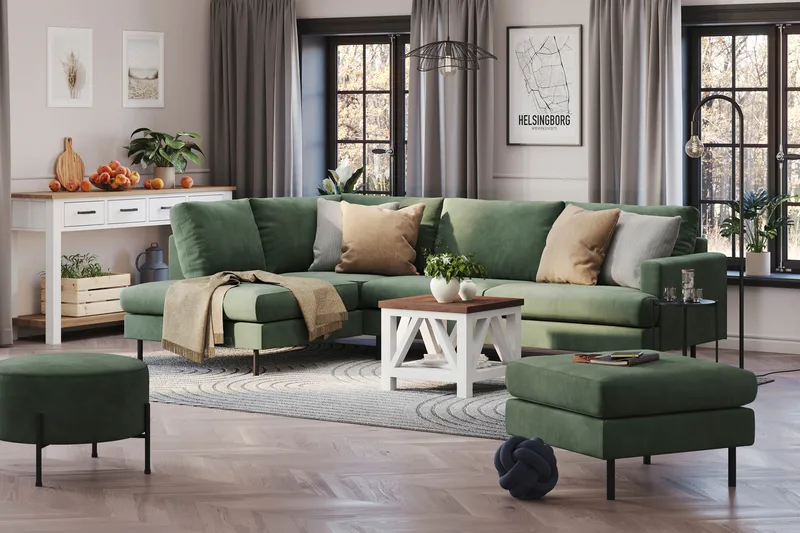 Menard Compact 4-sits Vänstervänd L-formad Schäslongsoffa i Manchester - Grön - Möbler - Soffa - Divansoffor & schäslongsoffa