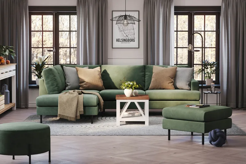 Menard Compact 4-sits Vänstervänd L-formad Schäslongsoffa i Manchester - Grön - Möbler - Soffa - Divansoffor & schäslongsoffa