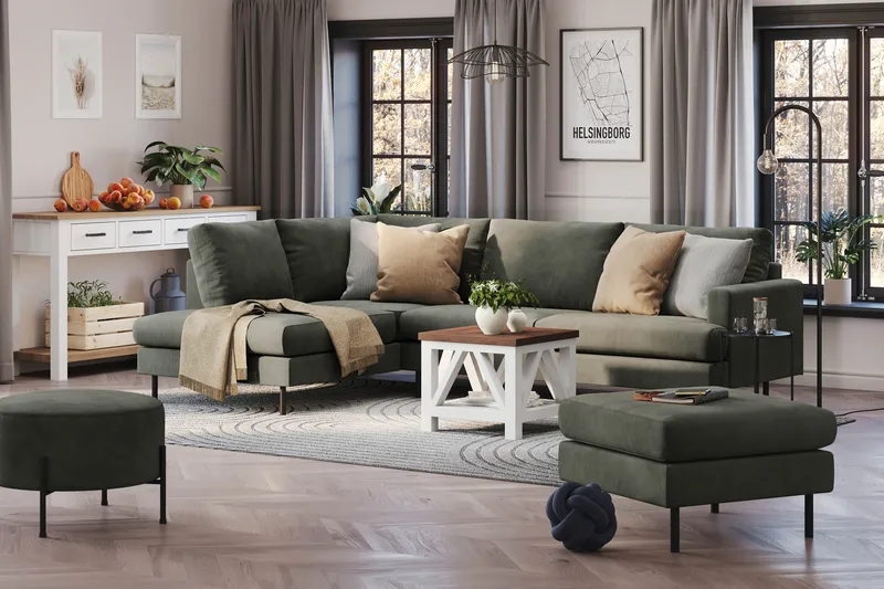 Menard Compact 4-sits Vänstervänd L-formad Schäslongsoffa i Manchester - Mörkgrön - Möbler - Soffa - Divansoffor & schäslongsoffa