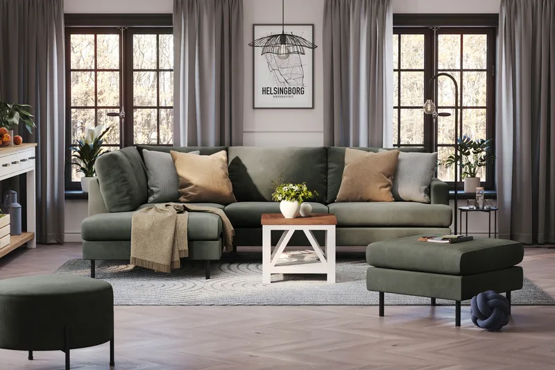 Menard Compact 4-sits Vänstervänd L-formad Schäslongsoffa i Manchester - Mörkgrön - Möbler - Soffa - Divansoffor & schäslongsoffa