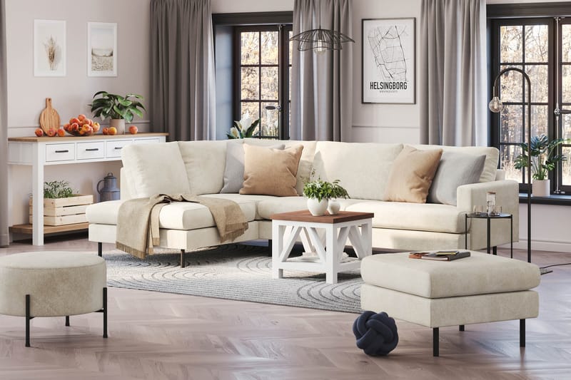 Menard Compact 4-sits Vänstervänd L-formad Schäslongsoffa i Sammet - Krämvit - Möbler - Soffa - Divansoffor & schäslongsoffa