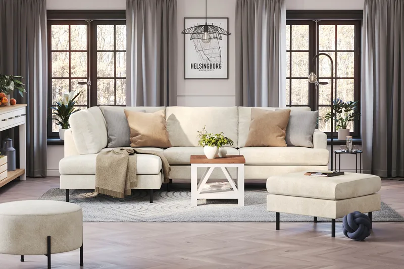 Menard Compact 4-sits Vänstervänd L-formad Schäslongsoffa i Sammet - Krämvit - Möbler - Soffa - Divansoffor & schäslongsoffa