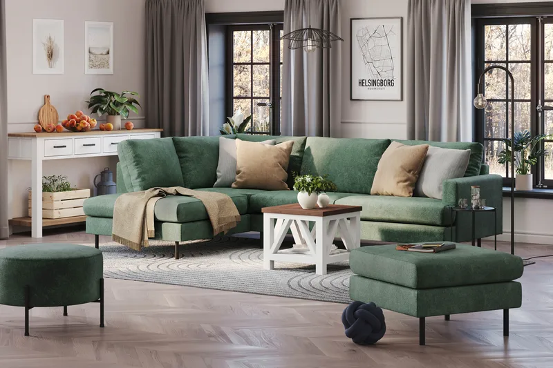 Menard Compact 4-sits Vänstervänd L-formad Schäslongsoffa i Sammet - Mörkgrön - Möbler - Soffa - Divansoffor & schäslongsoffa