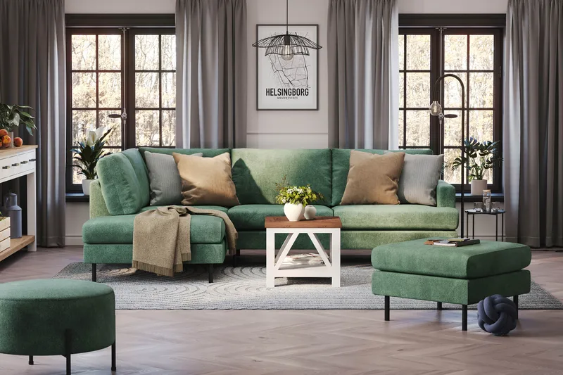Menard Compact 4-sits Vänstervänd L-formad Schäslongsoffa i Sammet - Mörkgrön - Möbler - Soffa - Divansoffor & schäslongsoffa