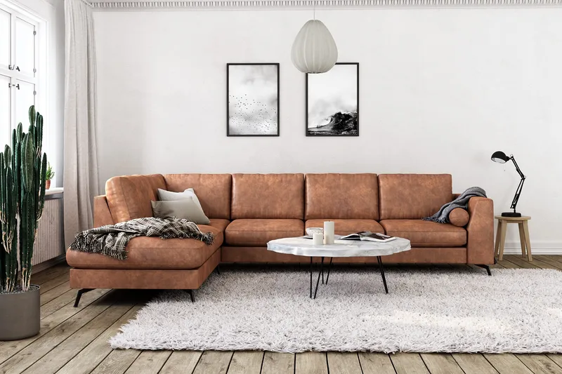 Ocean Lyx 4-sits Vänstervänd L-formad Schäslongsoffa i Konstläder - Brun - Möbler - Soffa - Divansoffor & schäslongsoffa - 4 sits soffa med divan