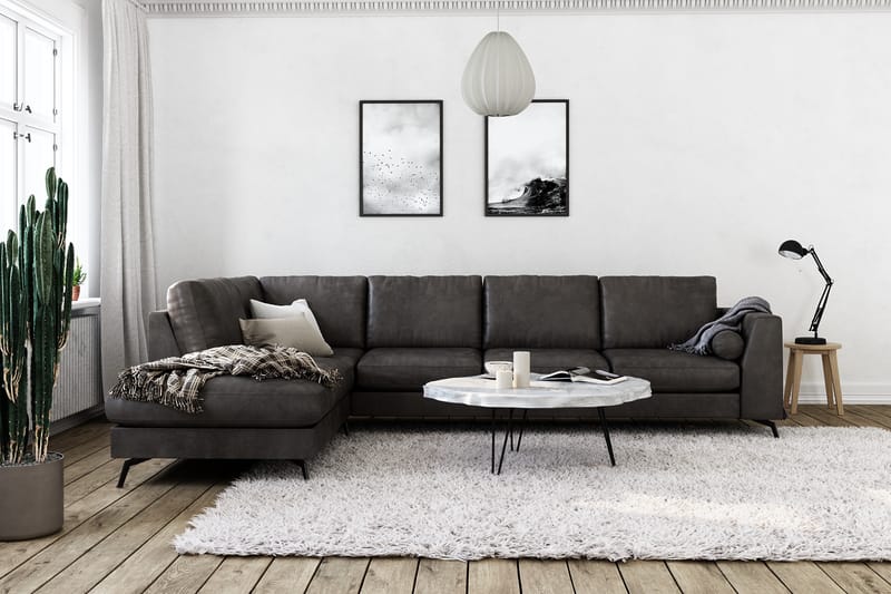 Ocean Lyx 4-sits Vänstervänd L-formad Schäslongsoffa i Konstläder - Mörkgrå - Möbler - Soffa - Divansoffor & schäslongsoffa