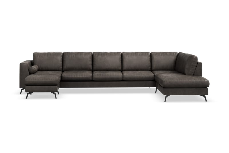 Ocean Lyx 6-sits Högervänd U-formad Soffa med Divan och Schäslong + Fotpall i Konstläder - Mörkgrå - Möbler - Soffa - Divansoffor & schäslongsoffa